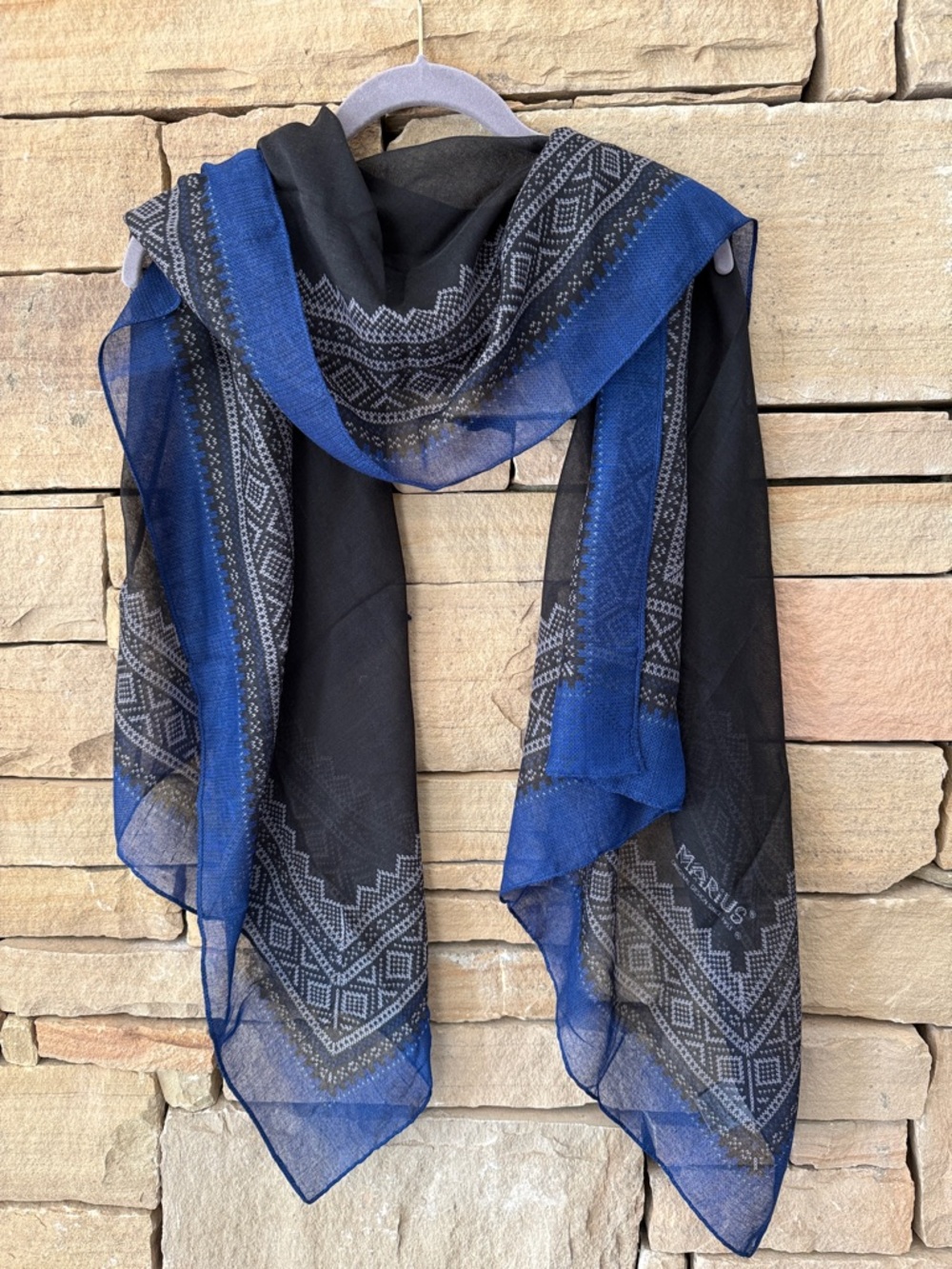 Black & Royal Blue Printed Lightweight Summer Fine Wool Scarf Norwegian Design